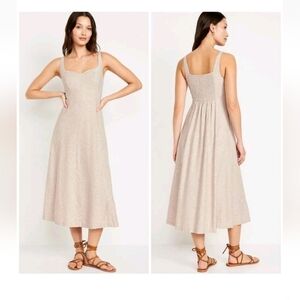 NWOT Old Navy Cream Linen Midi Dress Empire Waist A-Line-Sz M Tall